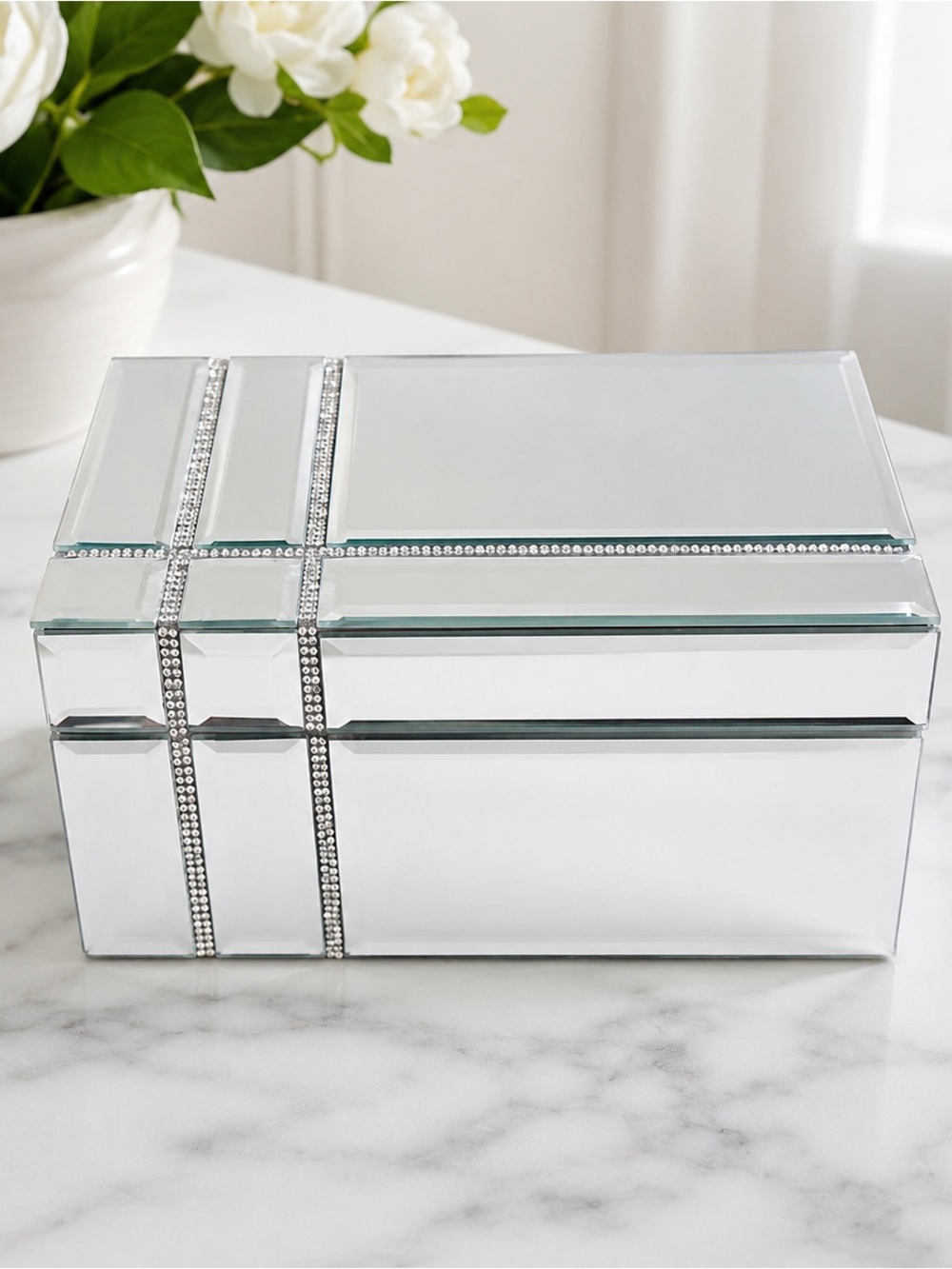NWT TAHARI Mirrored Jewelry Box with Rhinestone Trim - Silver